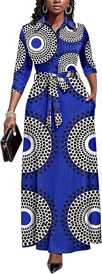 Runwind Women Church Maxi Dresses 3/4 Sleeve Button Down Print Casual Office Dress African