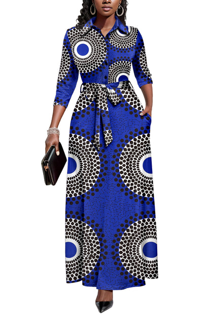 Rumwind Maxi Dresses for Women, 3/4 Sleeve Shirt Collar Casual Afircan Print Church Dress Button Down with Belt and Pockets