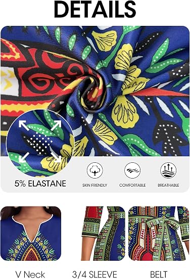 FANDEE African Attire Dresses for Women Elegant Print V Neck 3/4 Sleeve Belted Long Maxi Church Vintage Party Outfits