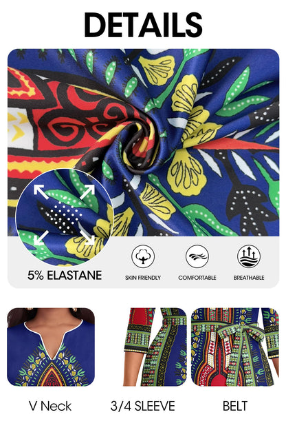 FANDEE African Attire Dresses for Women Elegant Print V Neck 3/4 Sleeve Belted Long Maxi Church Vintage Party Outfits