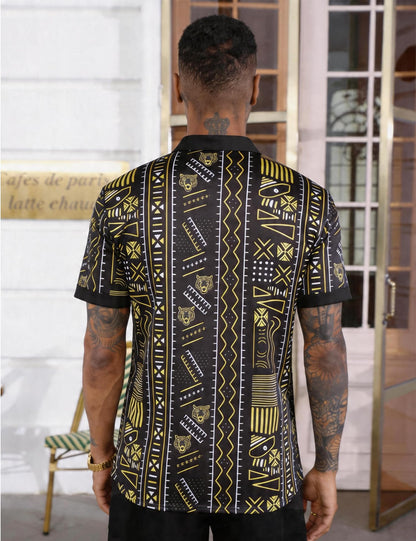 Mens African Dashiki Kente Printed Shirts Cuban Collar Short Sleeve Button Down Vintage Beach Summer Hawaiian Shirts