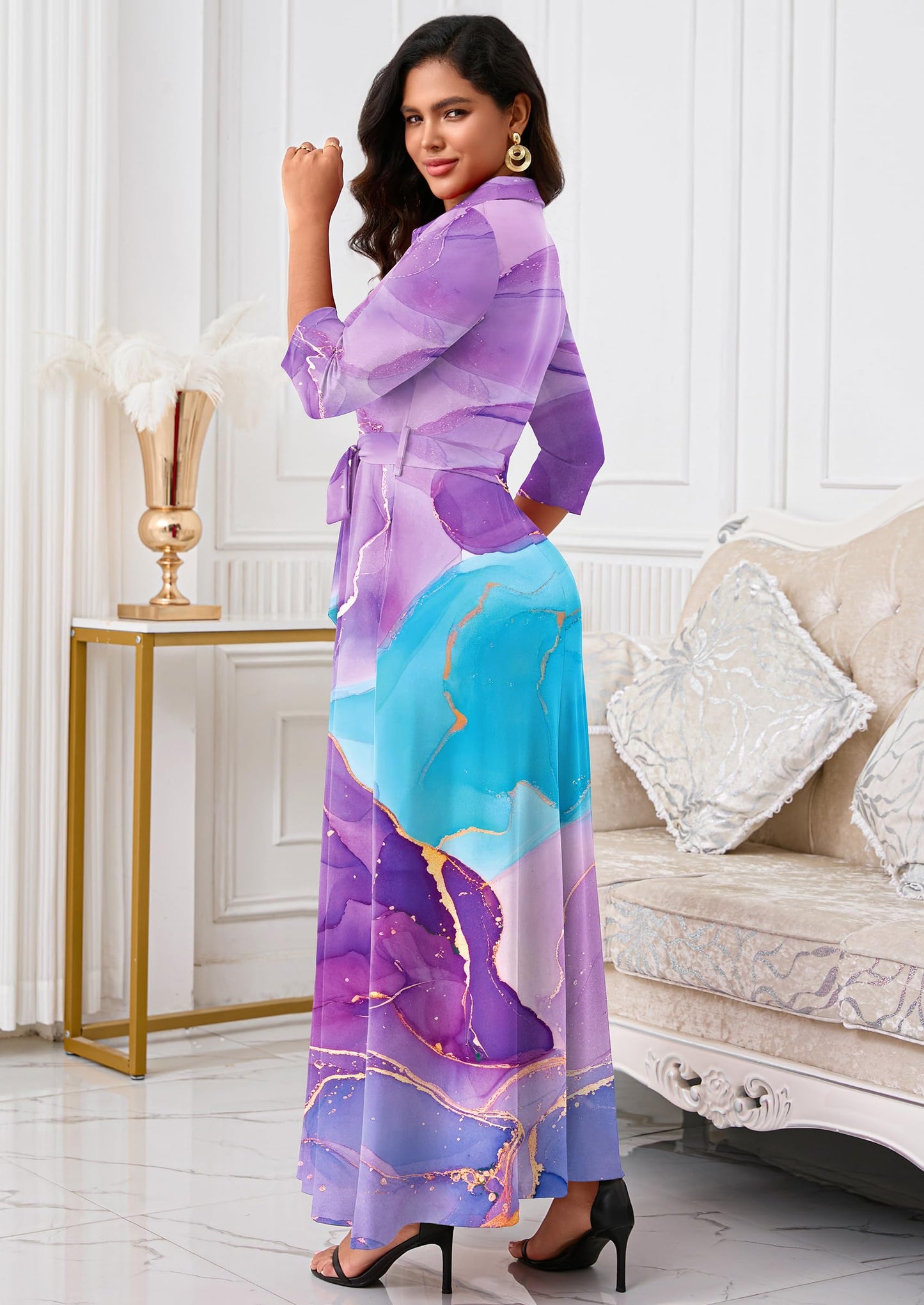 Rumwind Maxi Dresses for Women, 3/4 Sleeve Shirt Collar Casual Afircan Print Church Dress Button Down with Belt and Pockets