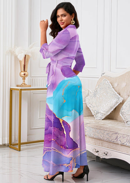 Rumwind Maxi Dresses for Women, 3/4 Sleeve Shirt Collar Casual Afircan Print Church Dress Button Down with Belt and Pockets