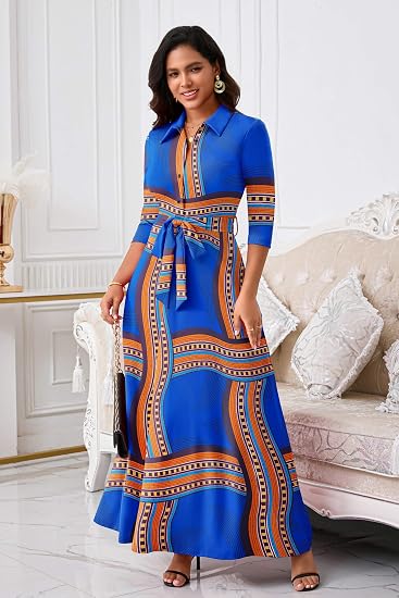 Runwind Women Church Maxi Dresses 3/4 Sleeve Button Down Print Casual Office Dress African