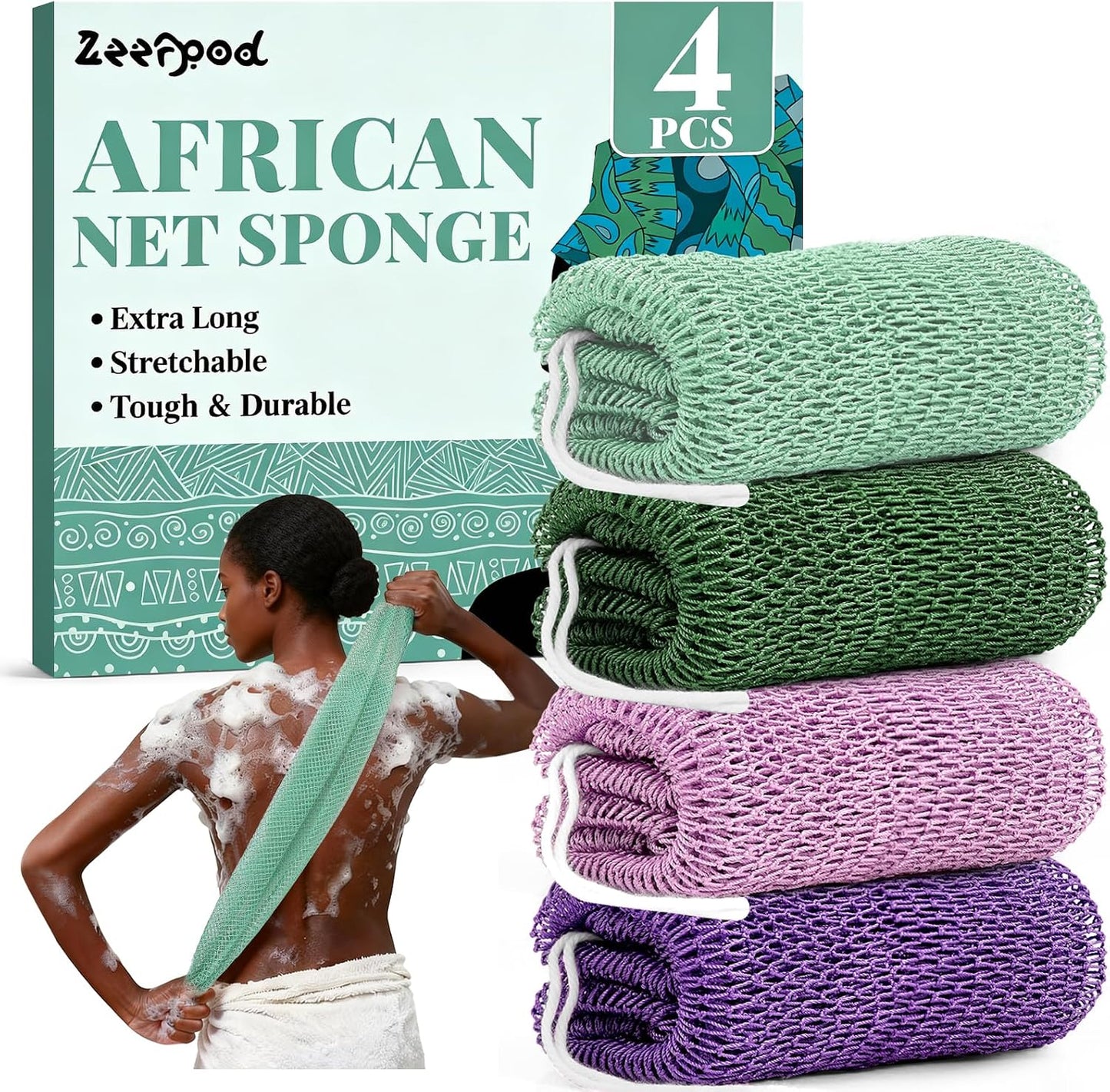 African Net Sponge Authentic-4 Packs African Exfoliating Net Sponge,Bath Sponges for Shower,42 inch Long for Normal to Sensitive Skin, for Daily use, Body Exfoliator Shower (Green,Pink,Blue,Grey)