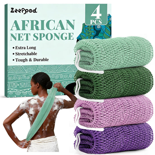 African Net Sponge Authentic-4 Packs African Exfoliating Net Sponge,Bath Sponges for Shower,42 inch Long for Normal to Sensitive Skin, for Daily use, Body Exfoliator Shower (Green,Pink,Blue,Grey)