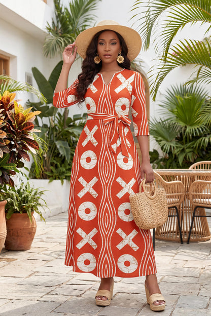 FANDEE African Attire Dresses for Women Elegant Print V Neck 3/4 Sleeve Belted Long Maxi Church Vintage Party Outfits