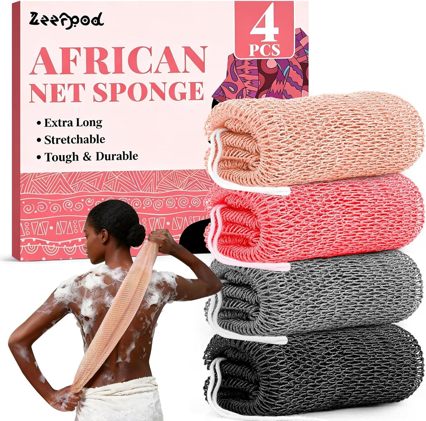 African Net Sponge Authentic-4 Packs African Exfoliating Net Sponge,Bath Sponges for Shower,42 inch Long for Normal to Sensitive Skin, for Daily use, Body Exfoliator Shower (Green,Pink,Blue,Grey)