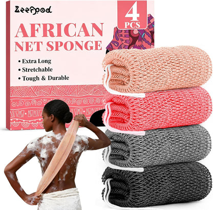 African Net Sponge Authentic-4 Packs African Exfoliating Net Sponge,Bath Sponges for Shower,42 inch Long for Normal to Sensitive Skin, for Daily use, Body Exfoliator Shower (Green,Pink,Blue,Grey)