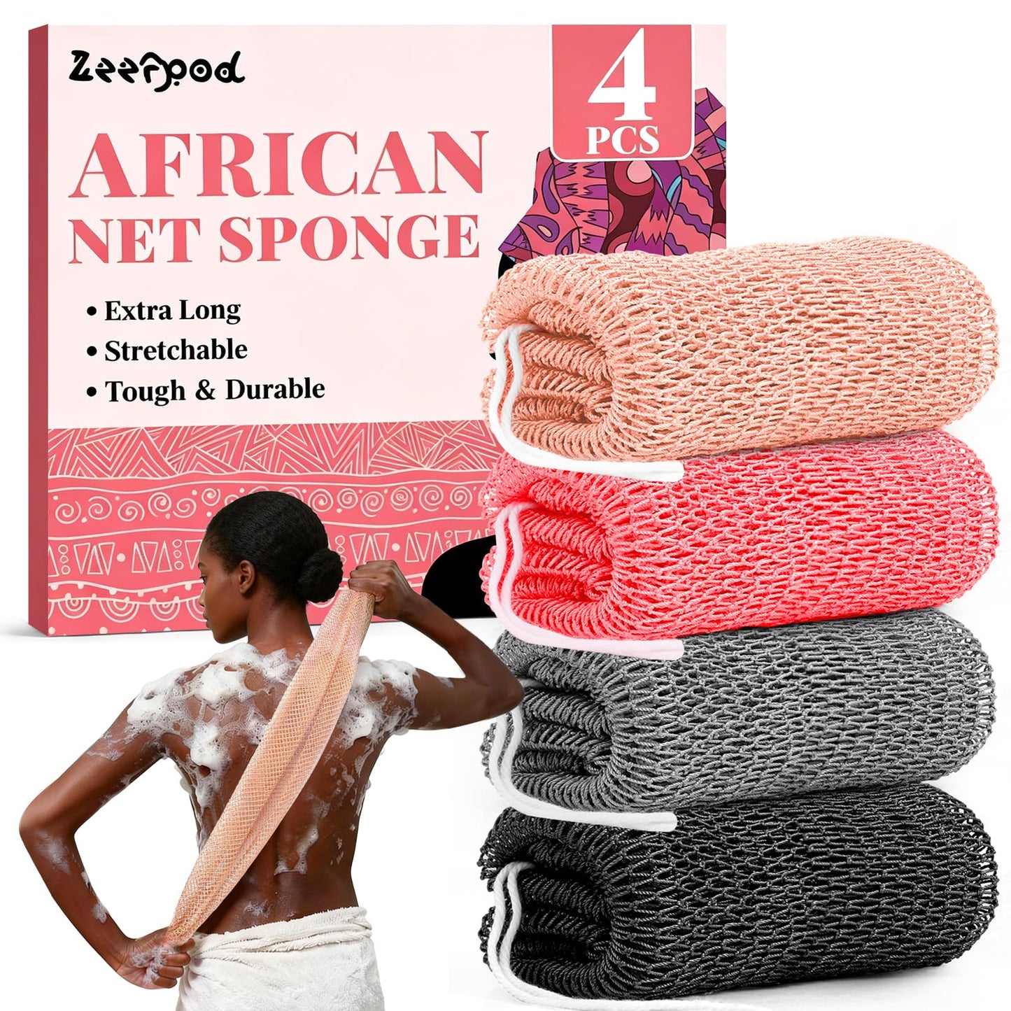 African Net Sponge Authentic-4 Packs African Exfoliating Net Sponge,Bath Sponges for Shower,42 inch Long for Normal to Sensitive Skin, for Daily use, Body Exfoliator Shower (Green,Pink,Blue,Grey)