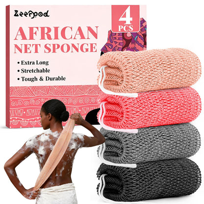 African Net Sponge Authentic-4 Packs African Exfoliating Net Sponge,Bath Sponges for Shower,42 inch Long for Normal to Sensitive Skin, for Daily use, Body Exfoliator Shower (Green,Pink,Blue,Grey)