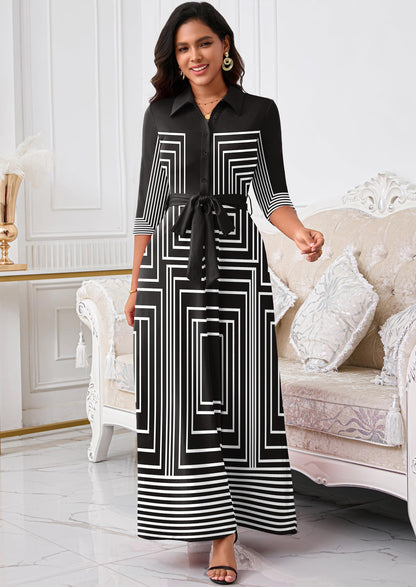 Rumwind Maxi Dresses for Women, 3/4 Sleeve Shirt Collar Casual Afircan Print Church Dress Button Down with Belt and Pockets