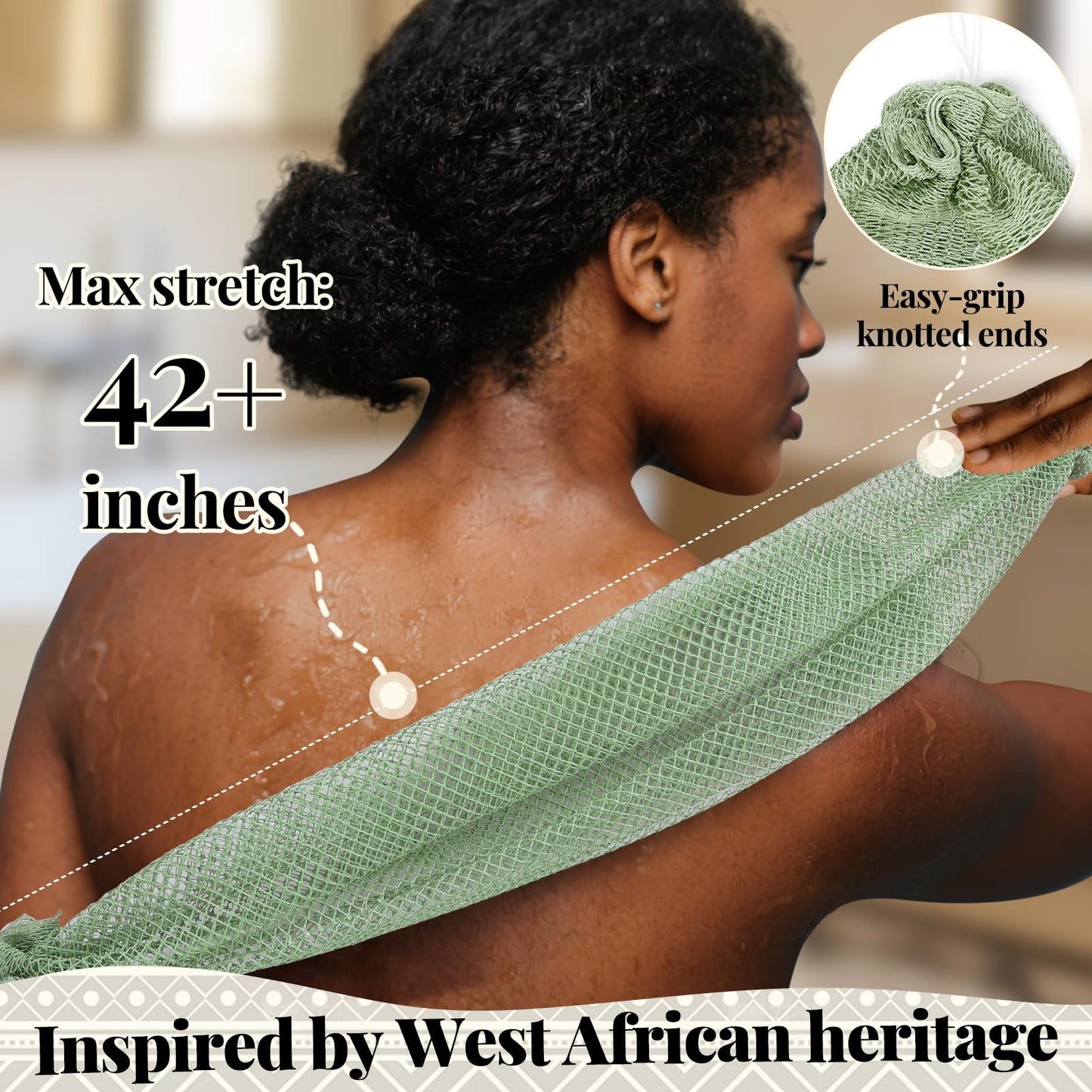 African Net Sponge Authentic-4 Packs African Exfoliating Net Sponge,Bath Sponges for Shower,42 inch Long for Normal to Sensitive Skin, for Daily use, Body Exfoliator Shower (Green,Pink,Blue,Grey)