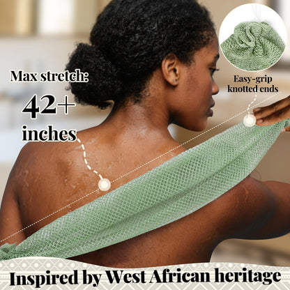 African Net Sponge Authentic-4 Packs African Exfoliating Net Sponge,Bath Sponges for Shower,42 inch Long for Normal to Sensitive Skin, for Daily use, Body Exfoliator Shower (Green,Pink,Blue,Grey)