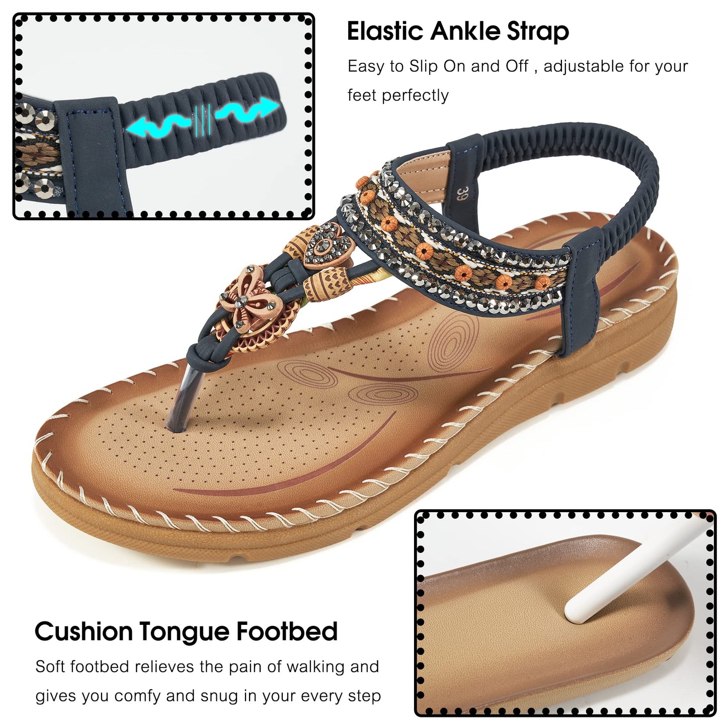 Aomigoct Sandals Women Flat Shoes: Dressy Summer Bohemian Flats Shoes for Women Sandals Comfortable Ankle Strap Outdoor Walking