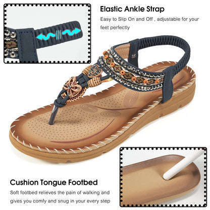 Aomigoct Sandals Women Flat Shoes: Dressy Summer Bohemian Flats Shoes for Women Sandals Comfortable Ankle Strap Outdoor Walking