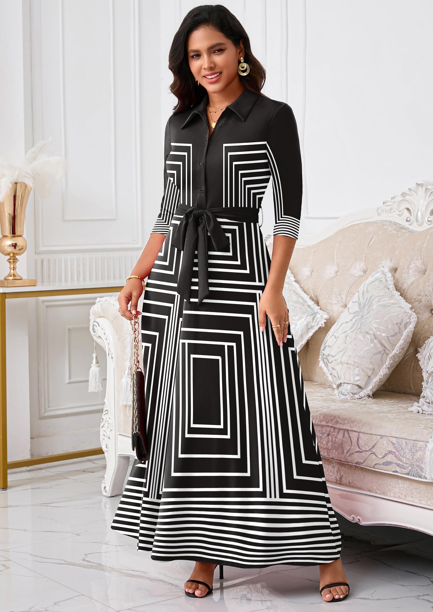 Rumwind Maxi Dresses for Women, 3/4 Sleeve Shirt Collar Casual Afircan Print Church Dress Button Down with Belt and Pockets