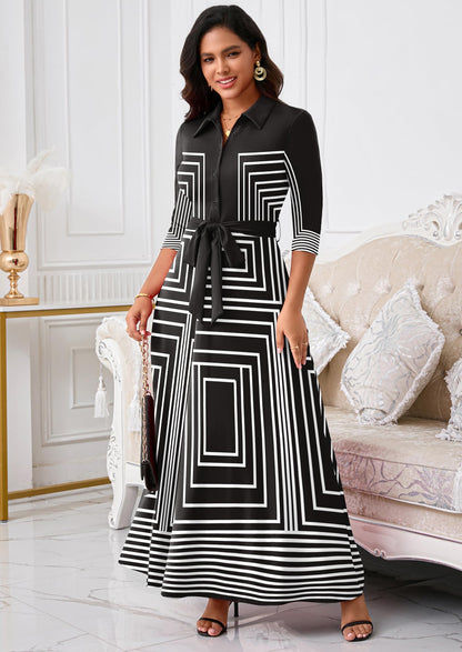 Rumwind Maxi Dresses for Women, 3/4 Sleeve Shirt Collar Casual Afircan Print Church Dress Button Down with Belt and Pockets