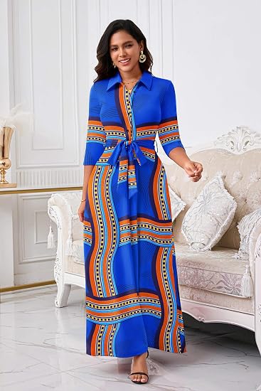 Runwind Women Church Maxi Dresses 3/4 Sleeve Button Down Print Casual Office Dress African