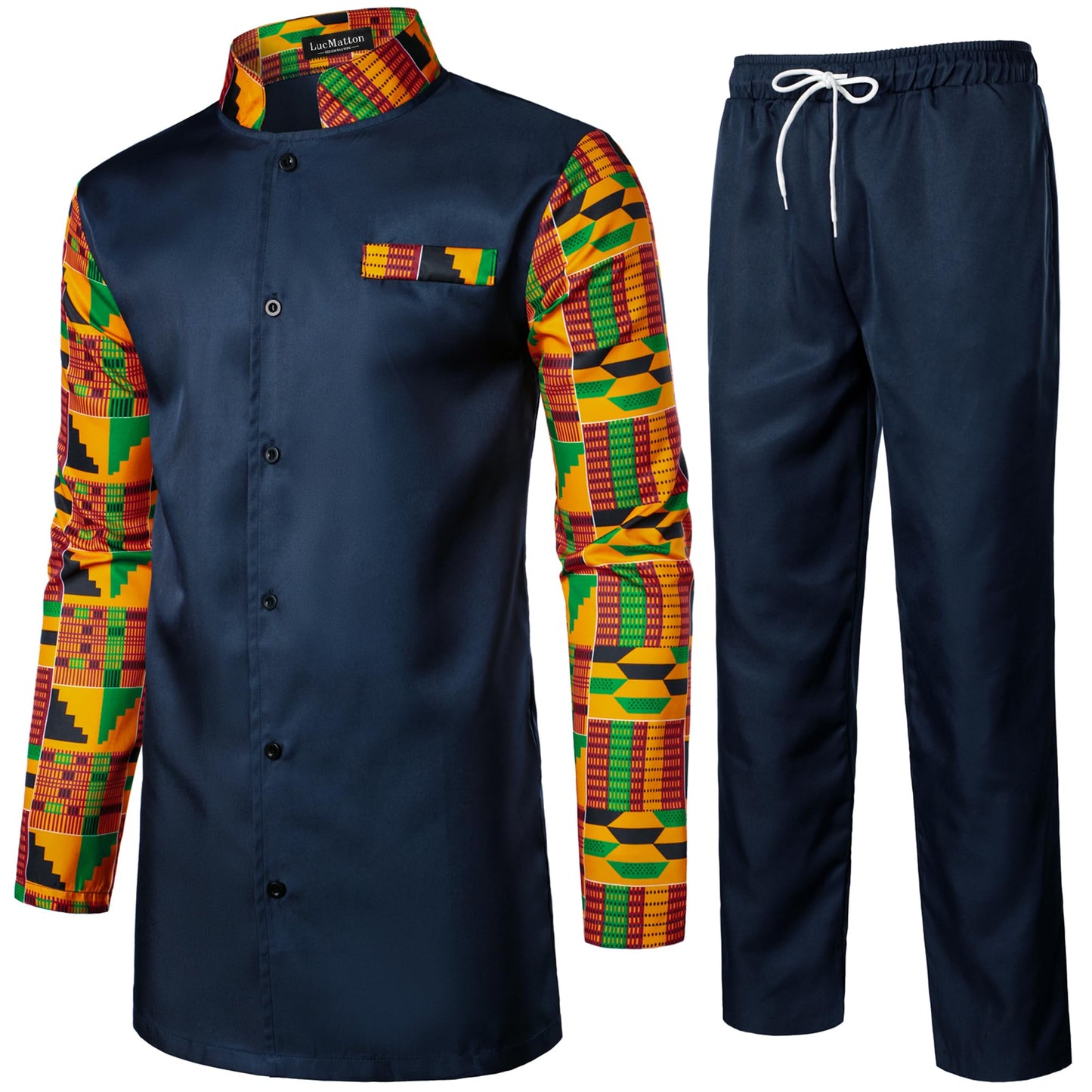 LucMatton Men's 2 Piece Outfits Long Sleeve Button Down African Dashiki Shirts and Pants Set Traditional Ethnic Suits
