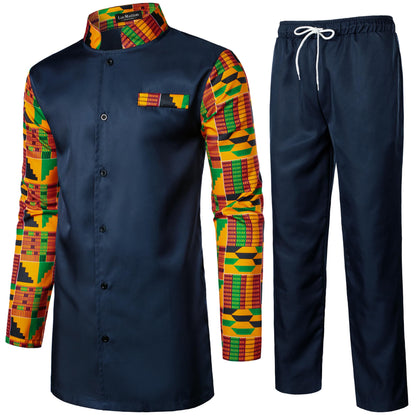 LucMatton Men's 2 Piece Outfits Long Sleeve Button Down African Dashiki Shirts and Pants Set Traditional Ethnic Suits
