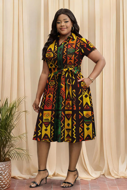 FANDEE Plus Size Dresses, Women Summer Casual V Neck Short Sleeve A-Line Work Cocktail Shirt Midi Dress with Belt and Pockets