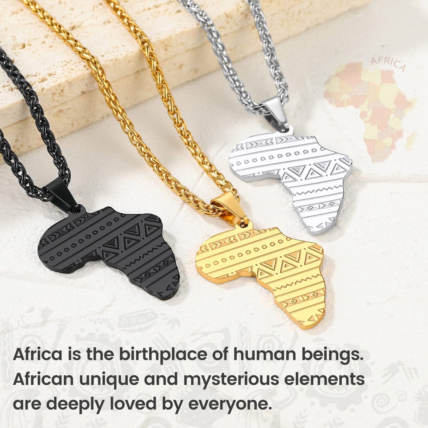GOLDCHIC JEWELRY Africa Map Necklace for Men, Stainless Steel African Tribal/Egyptian Eye of Horus/I LOVE AFRICA/Elephant Map Hiphop Jewelry Unisex with 22'+2'Adjustable Chain
