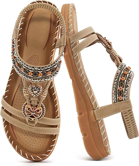 Aomigoct Sandals Women Flat Shoes: Dressy Summer Bohemian Flats Shoes for Women Sandals Comfortable Ankle Strap Outdoor Walking