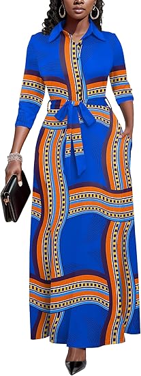 Runwind Women Church Maxi Dresses 3/4 Sleeve Button Down Print Casual Office Dress African
