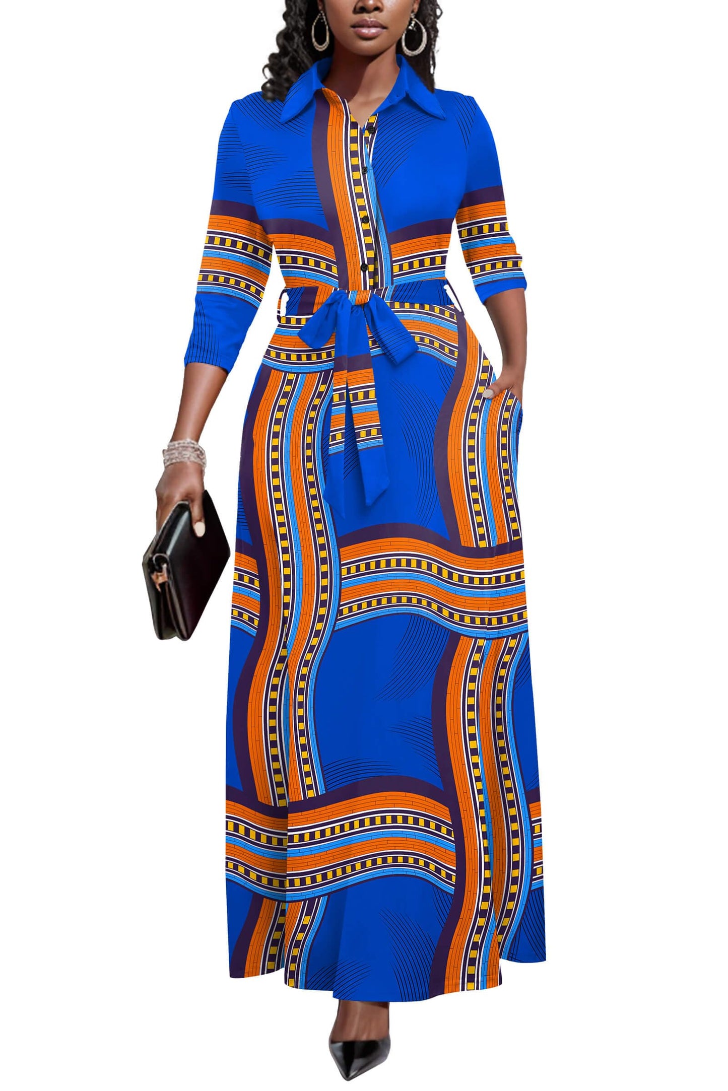 Runwind Women Church Maxi Dresses 3/4 Sleeve Button Down Print Casual Office Dress African