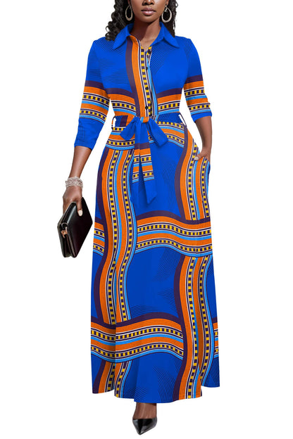 Runwind Women Church Maxi Dresses 3/4 Sleeve Button Down Print Casual Office Dress African