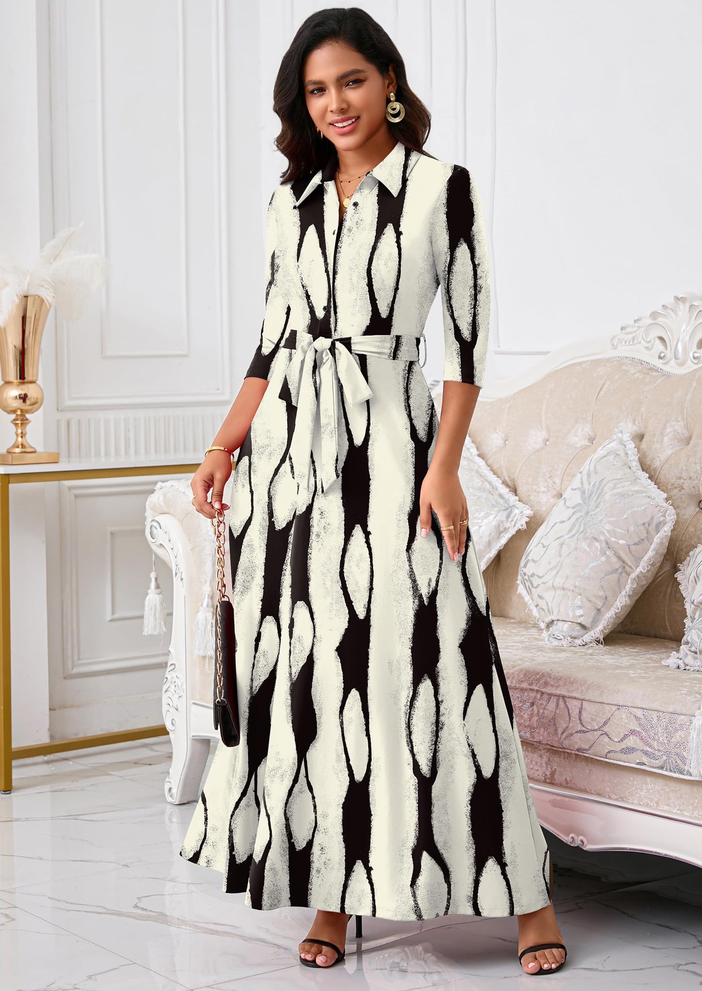 Rumwind Maxi Dresses for Women, 3/4 Sleeve Shirt Collar Casual Afircan Print Church Dress Button Down with Belt and Pockets