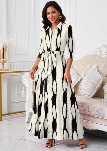 Rumwind Maxi Dresses for Women, 3/4 Sleeve Shirt Collar Casual Afircan Print Church Dress Button Down with Belt and Pockets