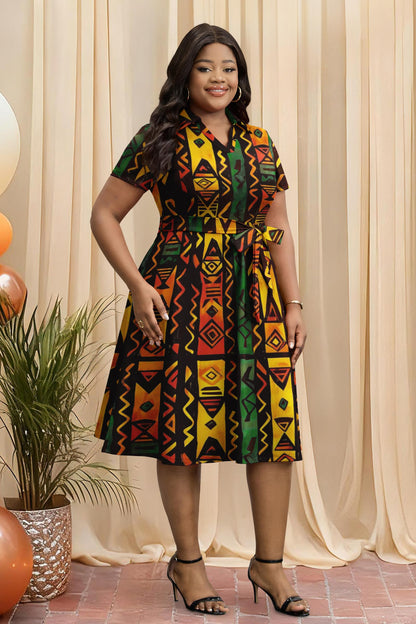 FANDEE Plus Size Dresses, Women Summer Casual V Neck Short Sleeve A-Line Work Cocktail Shirt Midi Dress with Belt and Pockets