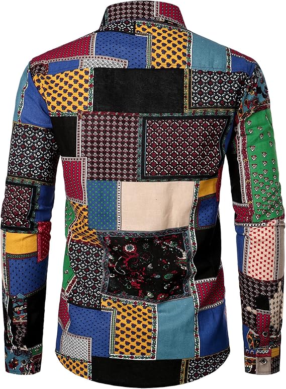 PARKLEES Men's Cotton Linen-Like 70s Disco Retro Traditional Pattern Printed Long Sleeve Button Down Shirt