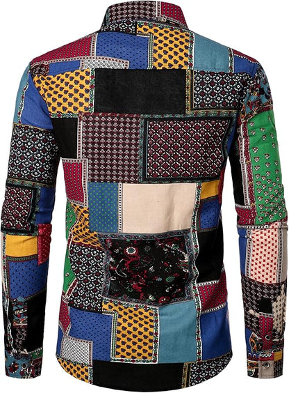 PARKLEES Men's Cotton Linen-Like 70s Disco Retro Traditional Pattern Printed Long Sleeve Button Down Shirt