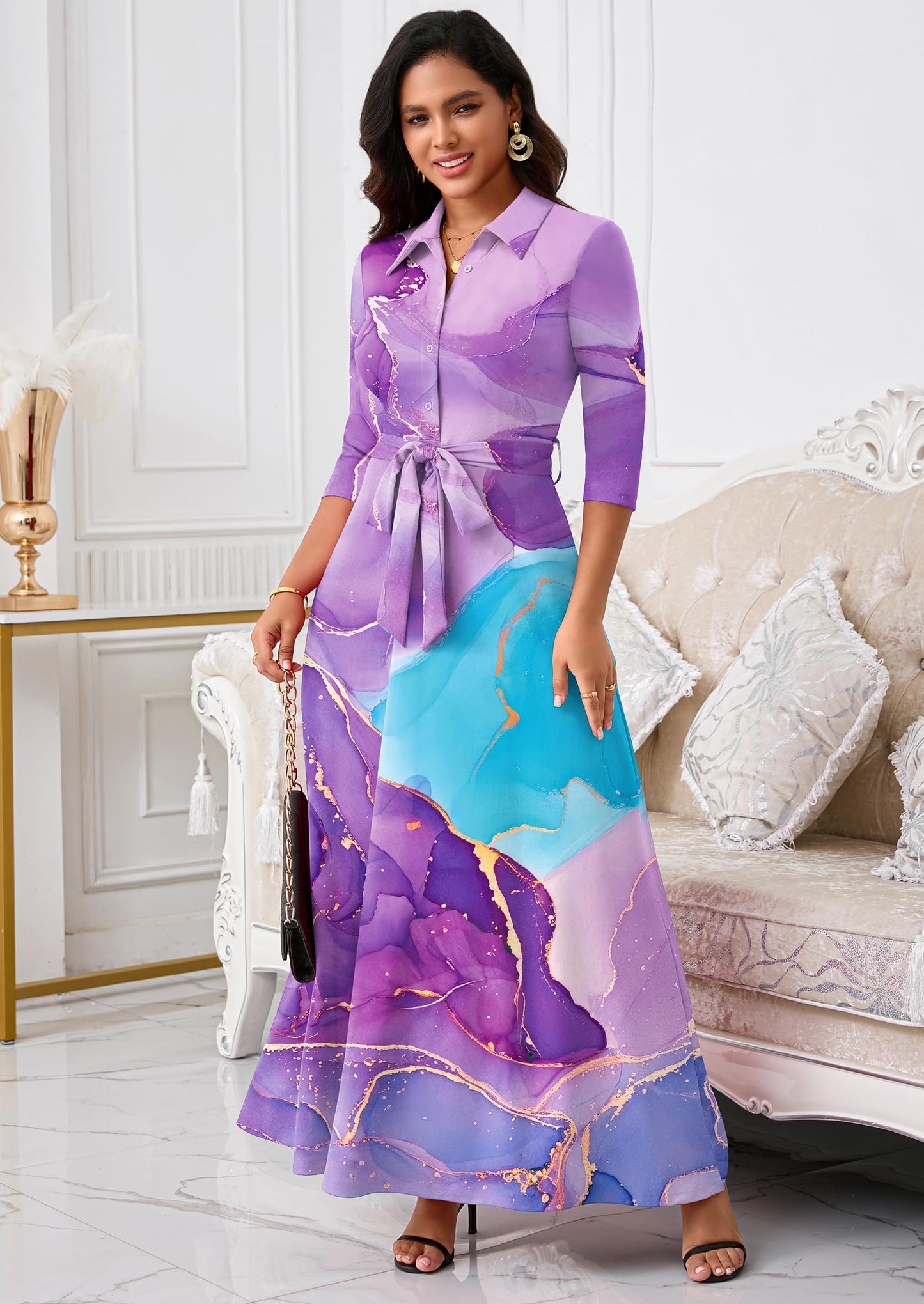Rumwind Maxi Dresses for Women, 3/4 Sleeve Shirt Collar Casual Afircan Print Church Dress Button Down with Belt and Pockets