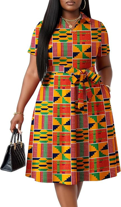 FANDEE Plus Size Dresses, Women Summer Casual V Neck Short Sleeve A-Line Work Cocktail Shirt Midi Dress with Belt and Pockets