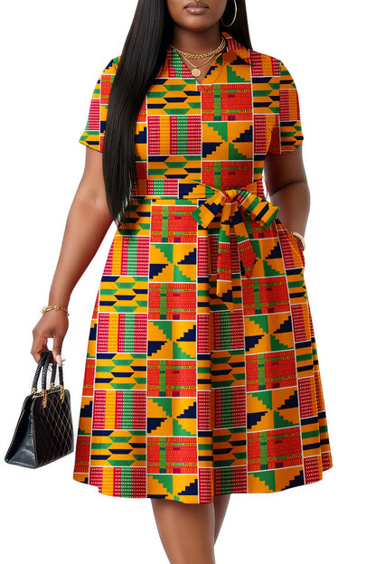 FANDEE Plus Size Dresses, Women Summer Casual V Neck Short Sleeve A-Line Work Cocktail Shirt Midi Dress with Belt and Pockets