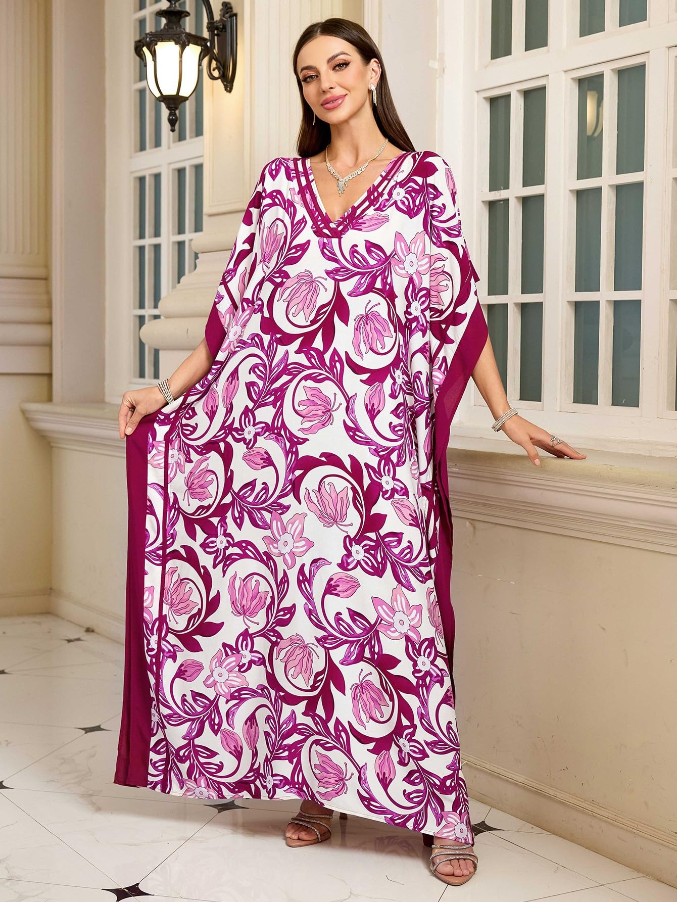 KECVOT Kaftan Dresses for Women V-Neck Print Swimsuit Cover Up Plus Size Beach Caftan Lounge Dress