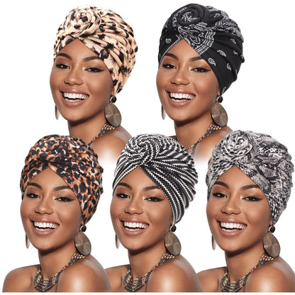 DRESHOW 5 Pack Knotted Headwraps for Women African Turban Pre-Knotted Beanie Headwraps Hair Covers