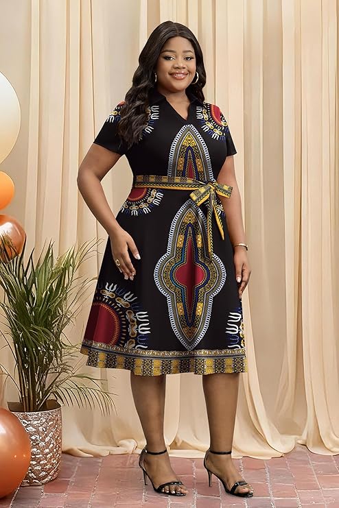 FANDEE Plus Size Dresses, Women Summer Casual V Neck Short Sleeve A-Line Work Cocktail Shirt Midi Dress with Belt and Pockets