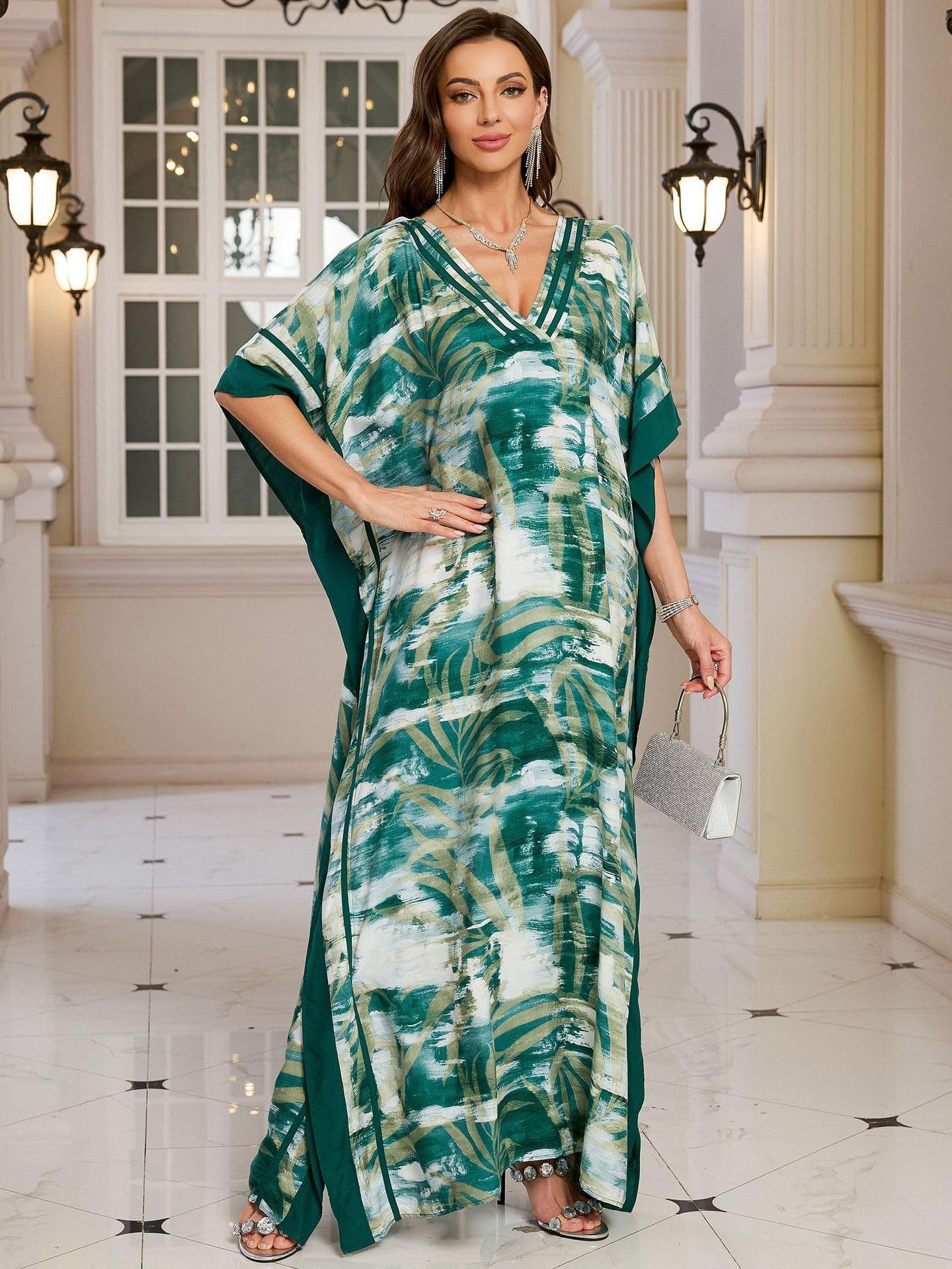 KECVOT Kaftan Dresses for Women V-Neck Print Swimsuit Cover Up Plus Size Beach Caftan Lounge Dress