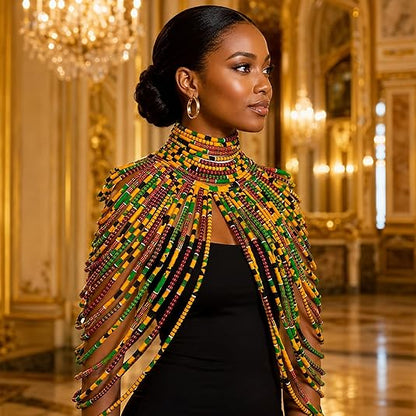African Necklace for Women, Ankara Multi-Strand Fabric Shawl-Style Statement Necklace, Handmade Tribal African Jewelry for Party, Festival & Wedding