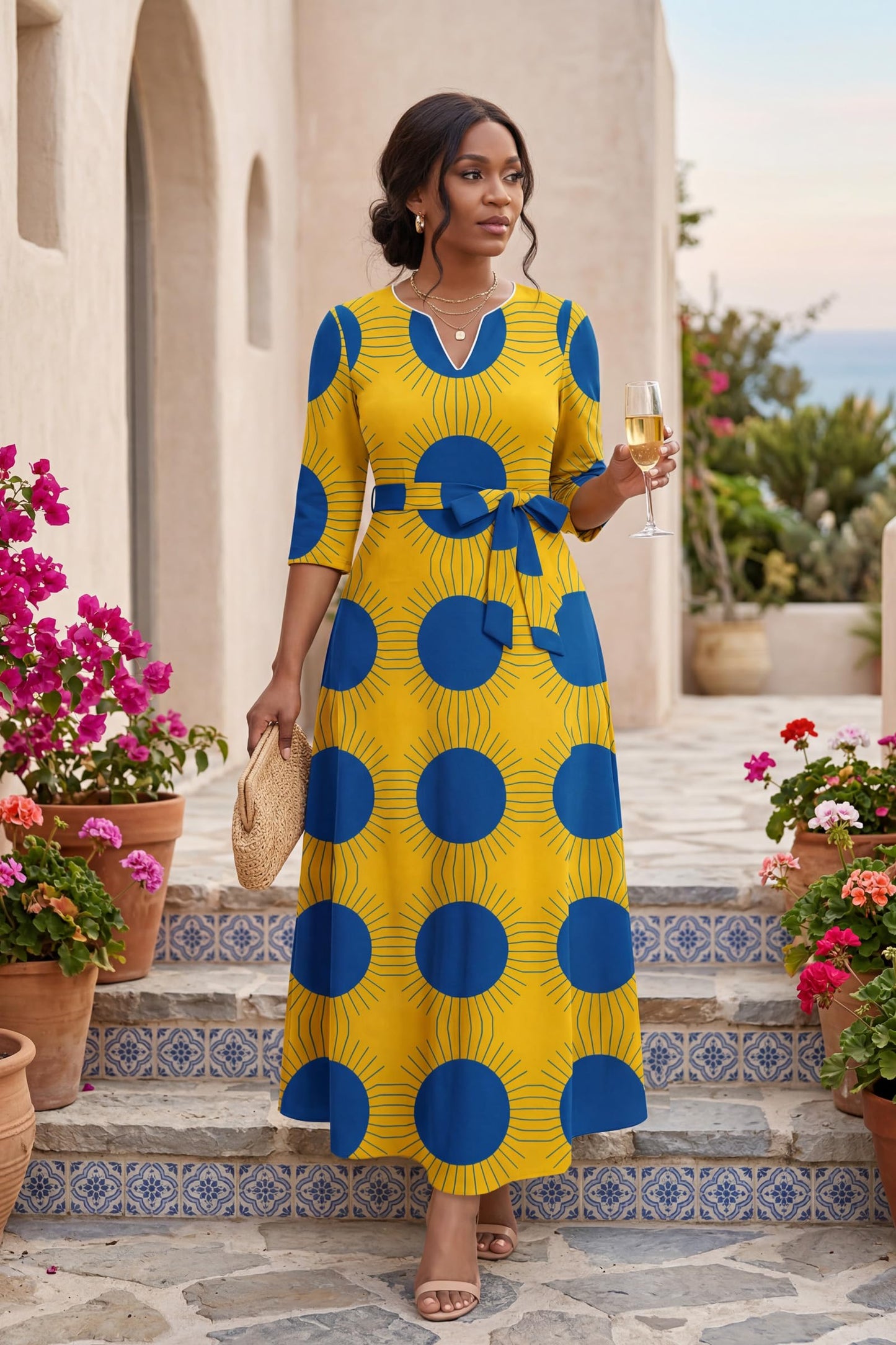 FANDEE African Attire Dresses for Women Elegant Print V Neck 3/4 Sleeve Belted Long Maxi Church Vintage Party Outfits