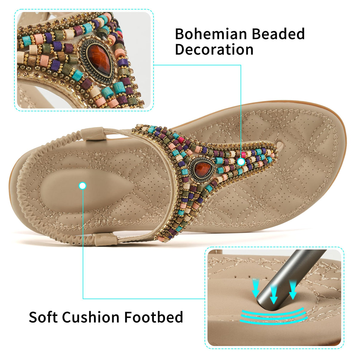 Ecetana Women's Flat Sandals Comfort Beaded Boho Summer Ankle Strap