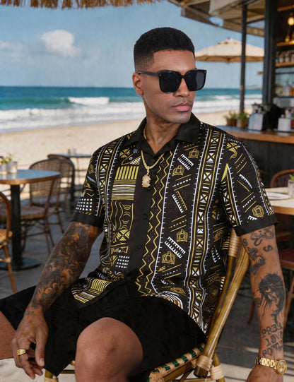 Mens African Dashiki Kente Printed Shirts Cuban Collar Short Sleeve Button Down Vintage Beach Summer Hawaiian Shirts