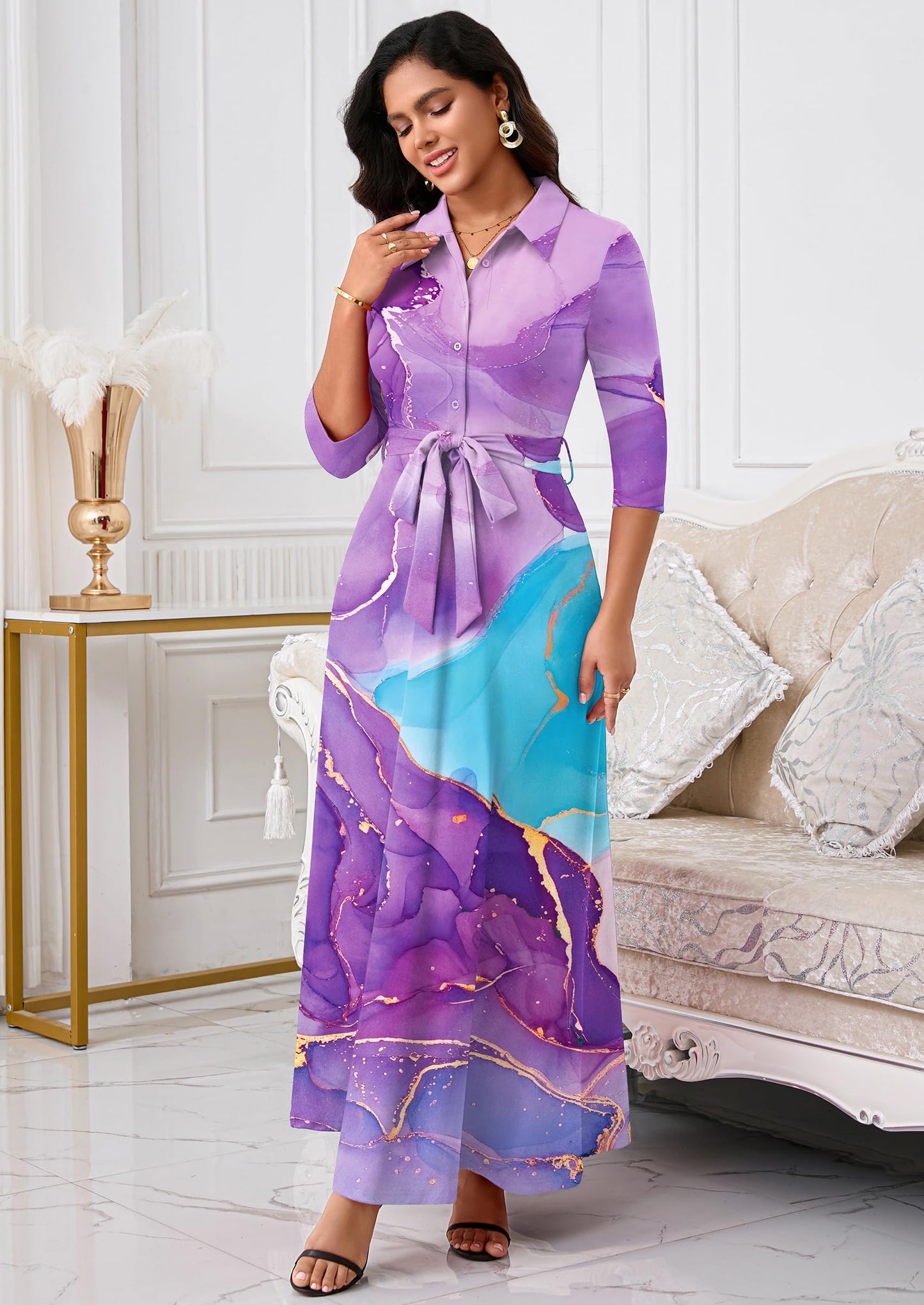 Rumwind Maxi Dresses for Women, 3/4 Sleeve Shirt Collar Casual Afircan Print Church Dress Button Down with Belt and Pockets