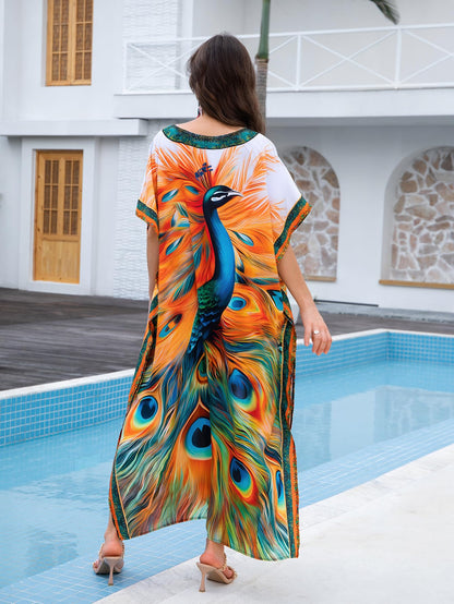 KECVOT Kaftan Dresses for Women V-Neck Print Swimsuit Cover Up Plus Size Beach Caftan Lounge Dress