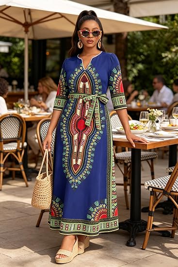 FANDEE African Attire Dresses for Women Elegant Print V Neck 3/4 Sleeve Belted Long Maxi Church Vintage Party Outfits